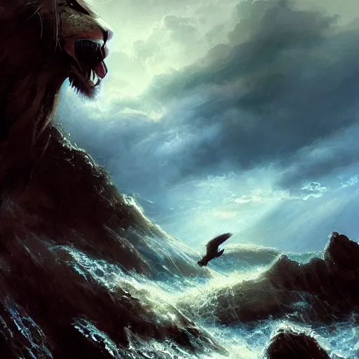 Image similar to A giant winged lion rising up out of a turbulent sea near a rocky shore, by Craig Mullins, very detailed, realistic, epic concept art, light, light Rays, cinematic stormy sky, trending on artstation, epic cinematography, epic composition