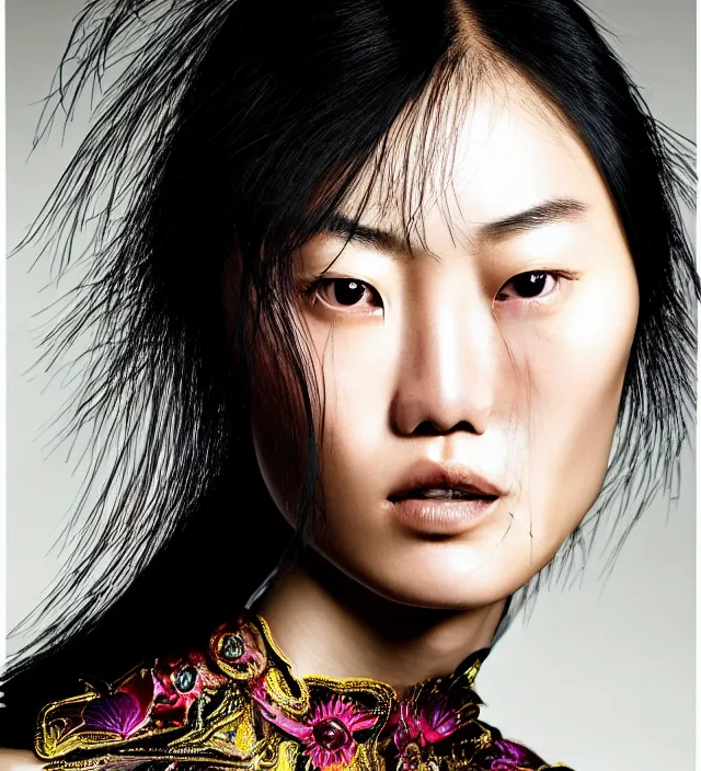 Prompt: face portrait of liu wen. great hair style, half in shadow, natural pose, natural lighing, rim lighting, wearing ornate stunning cloth created by iris van herpen, with a colorfull makeup, highly detailed, skin grain detail, photography by paolo roversi