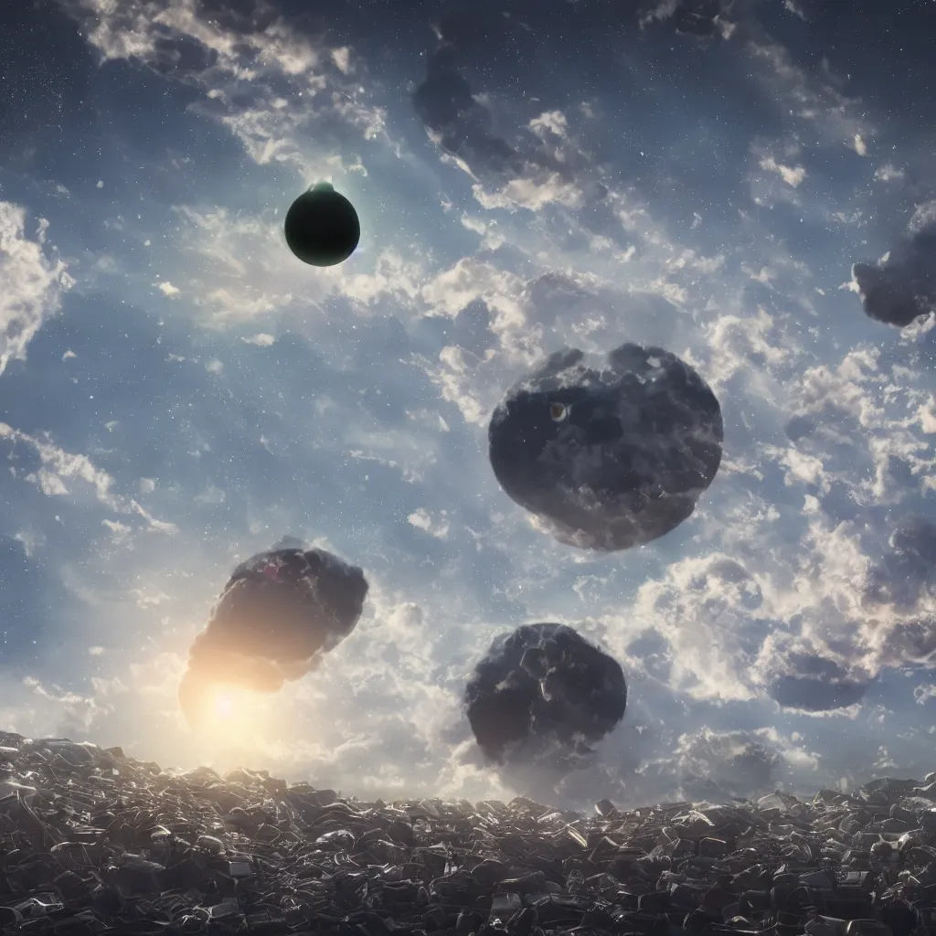 Image similar to garbage planet floating in the sky, photorealistic image, very detailed