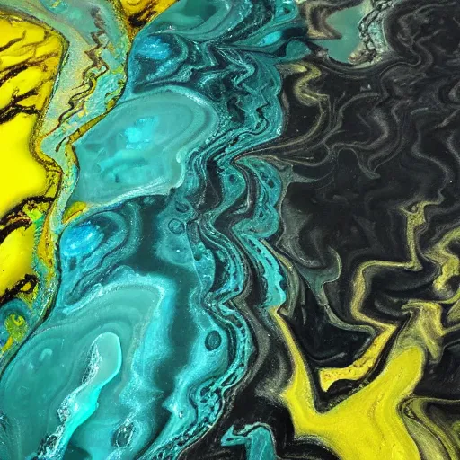 Image similar to beautiful liquid marble texture with oil bubbles. harmonic black yellow and mint coloured abstraction. ultradetailed realistic art