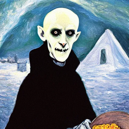 Prompt: Nosferatu in an igloo painting an impressionist self-portrait