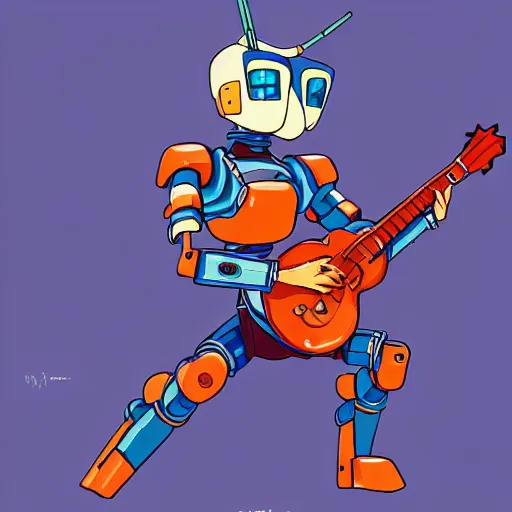 Image similar to A cell animation of a samurai robot playing guitar, Nausicaa of the Valley of the Wind, Miyazaki Hayao, ghibli style, illustration, azure tones, vintage colors, anime, trending on artstation