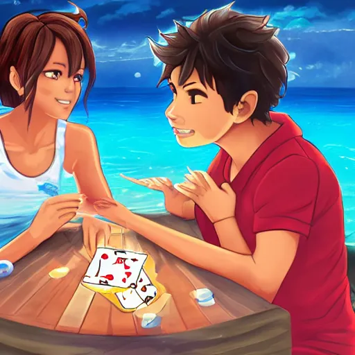 Image similar to aoi asahina and percy jackson playing go fish under the ocean, beautiful digital art