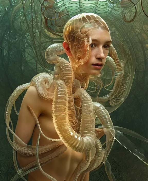 Image similar to intricate opulent transparent clear see - through portrait of a horrific beautiful male human isopod nautilus, mottled coloring, adorable, childlike, overgrown biopunk jungle environment, ultra realistic, concept art, art nouveau, photorealistic, octane render, 8 k, unreal engine. art by christopher marley and artgerm and greg rutkowski and alphonse mucha