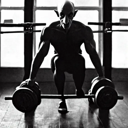 Image similar to portrait of nosferatu doing weightlifting, sport photography