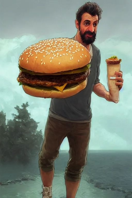 Image similar to ugly cottagecore ethan klein holding a big hamburger, unkempt Hair, dirty office room, intricate, elegant, highly detailed, digital painting, artstation, concept art, smooth, sharp, focus, illustration, art by artgerm and greg rutkowski and alphonse mucha