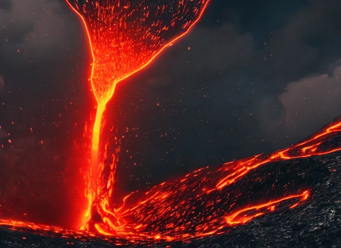 Image similar to highly detailed photo of an erupting volcano with lava flowing down the sides, film, photography, bokeh, Canon 50mm, cinematic lighting, volumetric light, octane, octane render, redshift render