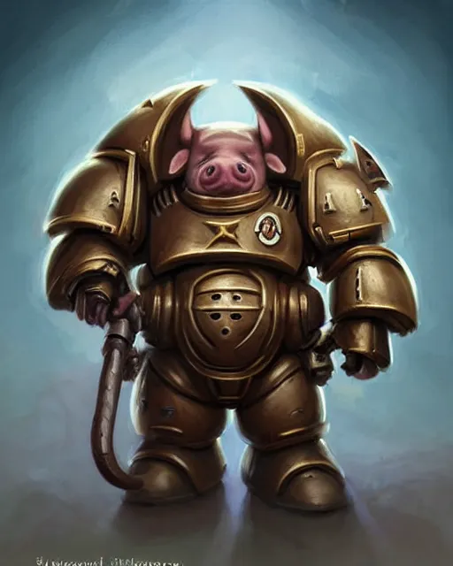 Image similar to cute little anthropomorphic Pig Space Marine, tiny, small, short, Space marine, cute and adorable, pretty, beautiful, DnD character art portrait, matte fantasy painting, DeviantArt Artstation, by Jason Felix by Steve Argyle by Tyler Jacobson by Peter Mohrbacher, cinema