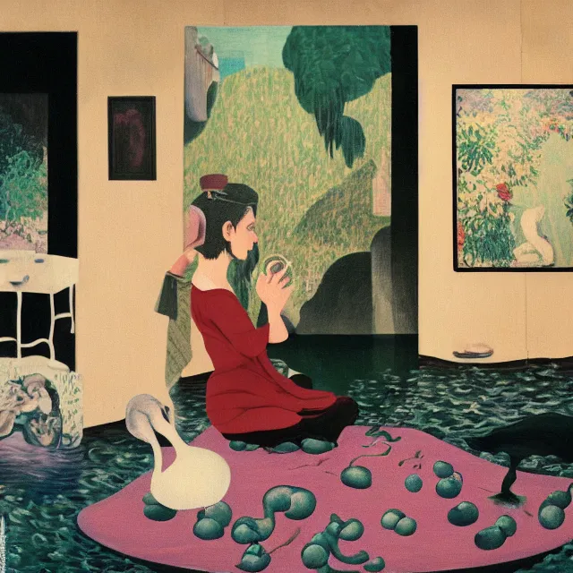 Image similar to female emo art student in her apartment, painting of flood waters inside an artist's feminine bedroom, a river flooding indoors, pomegranates, pigs, ikebana, water, octopus, river, rapids, waterfall, black swans, canoe, berries, acrylic on canvas, surrealist, by magritte and monet