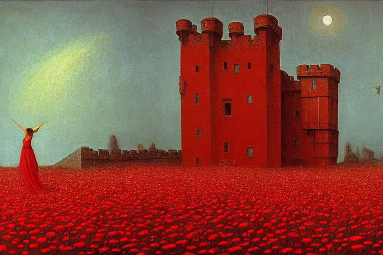 Image similar to only with red, red flowers of different types, a red tiger, a castle in the background, medieval demons dance over the flowers, an ancient path, in the style of beksinski, part by hopper, part by rodcenko, part by hofbauer, intricate composition, red by caravaggio, insanely quality, highly detailed, masterpiece, red light, artstation