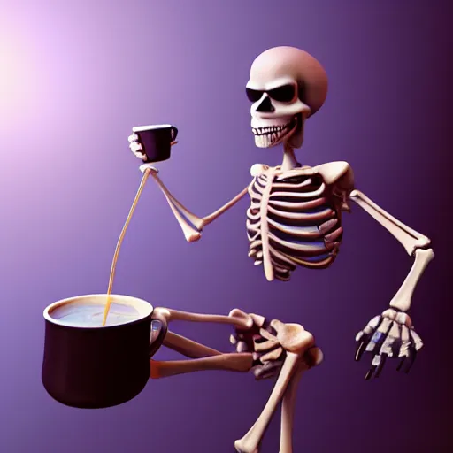 Image similar to 3d render pixar cartoon skeleton drinking a cup of coffee hd octane render