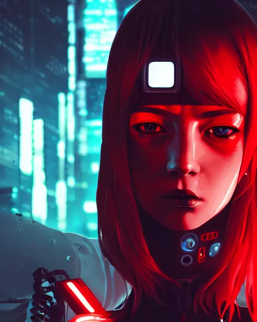 Image similar to a detailed potrait of a cyberpunk cyborg girl with black and red parts, fine - face, realistic shaded perfect face, fine details. night setting. very anime style. realistic shaded lighting poster by ilya kuvshinov katsuhiro, unreal engine, global illumination, radiant light, detailed and intricate environment