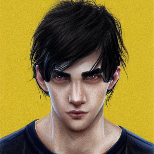 Image similar to ultra realistic illustration, a young man with black hair, in a yellow t - shirt, with blue eyes, highly detailed, digital painting, artstation, concept art, smooth, sharp focus, illustration