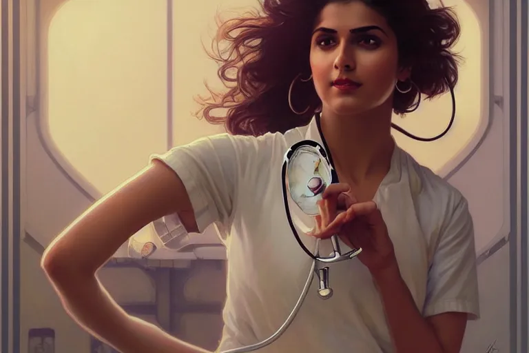 Image similar to sensual pale beautiful indian doctor in jeans with stethoscope, art deco portrait, elegant, intricate, digital painting, artstation, concept art, smooth, sharp focus, illustration, art by artgerm and greg rutkowski and alphonse mucha