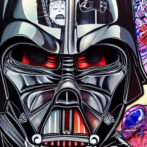 Image similar to portrait closeup of crazy darth vader, symmetrical, hyper detailed, by yoichi hatakenaka, masamune shirow, josan gonzales and dan mumford, ayami kojima, takato yamamoto, barclay shaw, karol bak, yukito kishiro