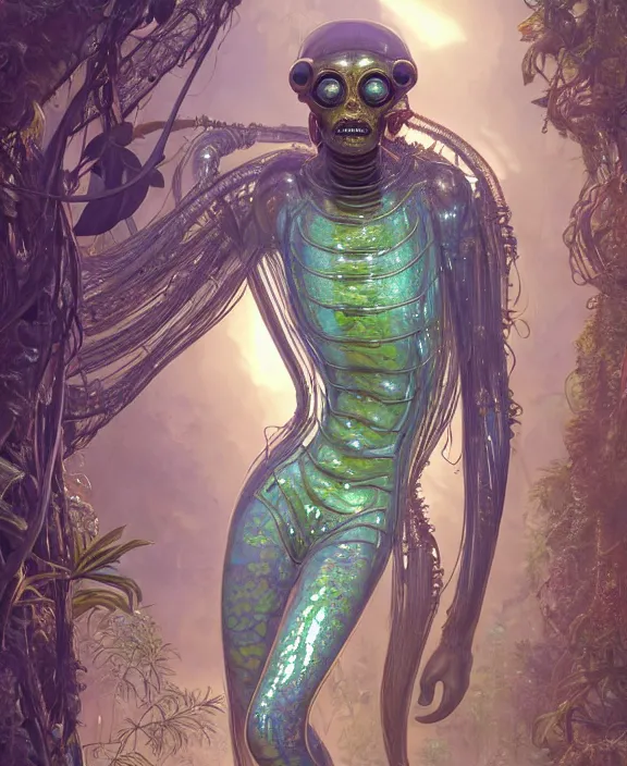 Image similar to opulent transparent clear see - through portrait of a terrifying beautiful male alien centipede ai software, mottled coloring, adorable, childlike, overgrown biopunk jungle environment, ultra realistic, concept art, art nouveau, photorealistic, octane render, 8 k, unreal engine. art by christopher marley and artgerm and greg rutkowski and alphonse mucha