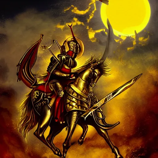 Image similar to holy knight in golden armor with a runnic sword fighting demons in hell, black ground and sky, red sun and rivers of blood