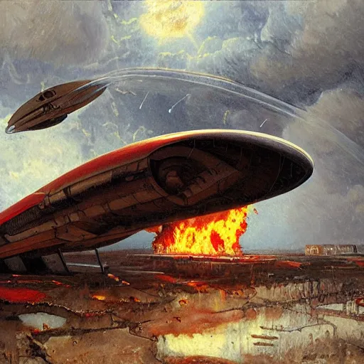 Image similar to a greek spaceship, stuck in the ground, the spaceship is on fire, smoke, rainstorm, lightning, angry, kinetic, adolphe bouguereaum, norman rockwell, trending on artstation, highly detailed oil painting,