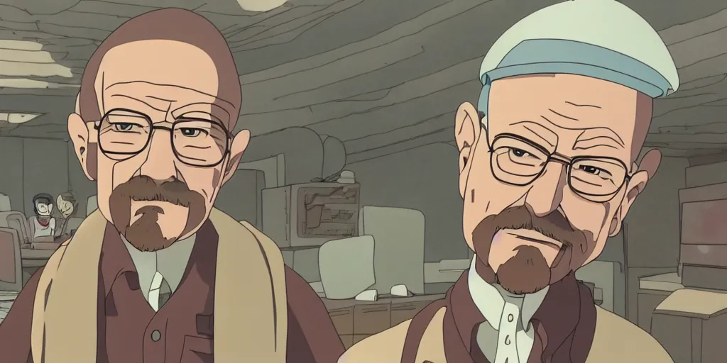 Prompt: walter white in a studio ghibli movie, movie still frame, anime art style, studio ghibli, 4 k, 8 k