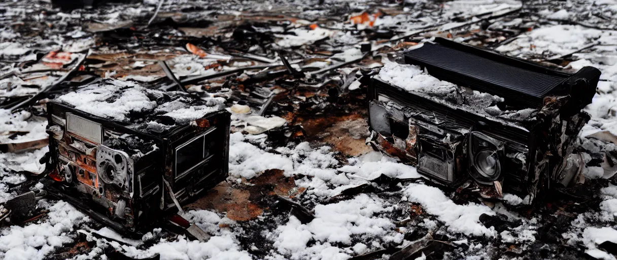 Image similar to filmic extreme closeup dutch angle movie still 4k UHD 35mm film color photograph of a texas instrument data tape player partly melted and burnt with smoke rising behind it, sitting among the rubble of a completely burned down structure in the snow in Antarctica at night