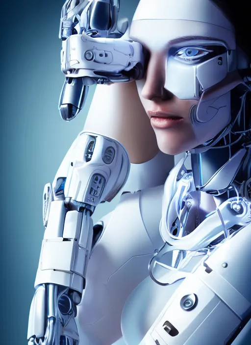 Image similar to photorealistic detailed full body picture of a female cyborg, pretty face with arm and legs, neon lights, white suit, humanoid, extreme, uhdr, book called the most influental cyborg in 2 0 5 0, fine details, highly detailed, intricate, smooth sharp focus