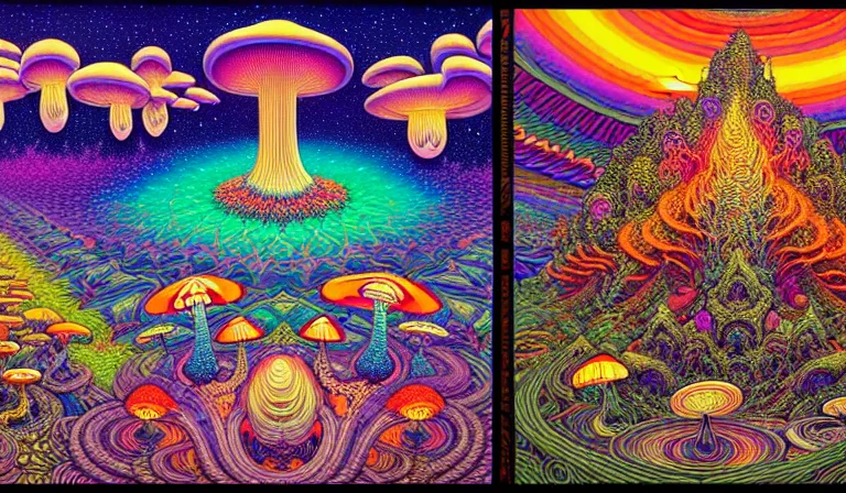 Prompt: an expansive rendering of beautiful and complex oneness of all things by dan mumford, by jim fitzpatrick, by joe wilson, by jim burns, by victo ngai, by jacek yerka, surrounded with colorful magic mushrooms and rainbowcolored marihuana leaves, insanely integrate, featured on deviant art, trending on artstation