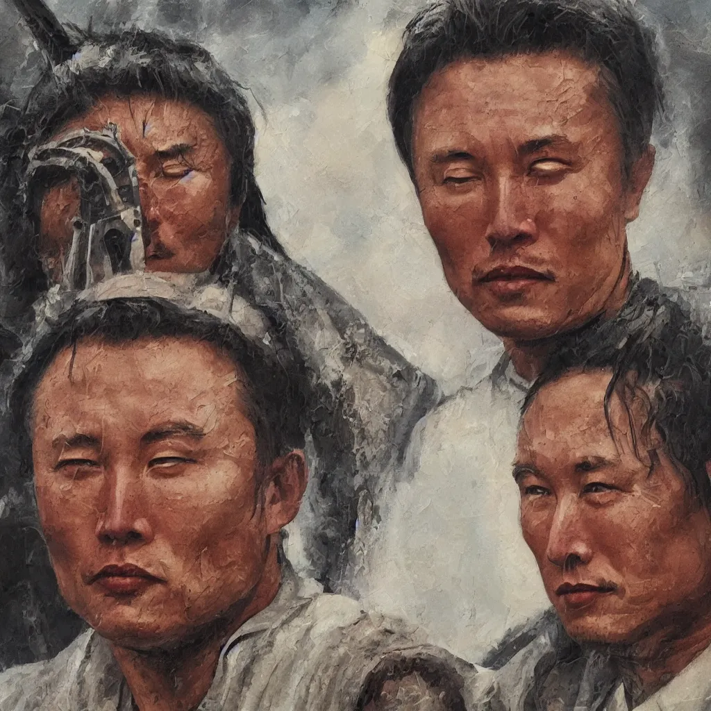 Image similar to ancient mongolian elon musk, close up, cinematic, painting oil on canvas