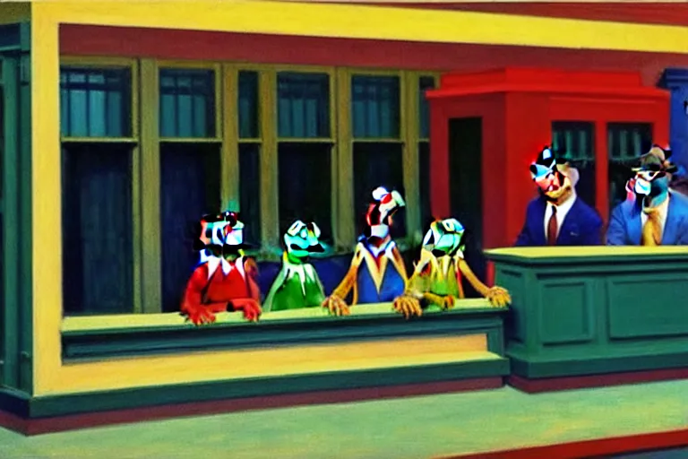 Prompt: Muppets at a political protest in the style of Edward Hopper, masterpiece, ultra detailed, high quality, high resolution, vibrant deep colors