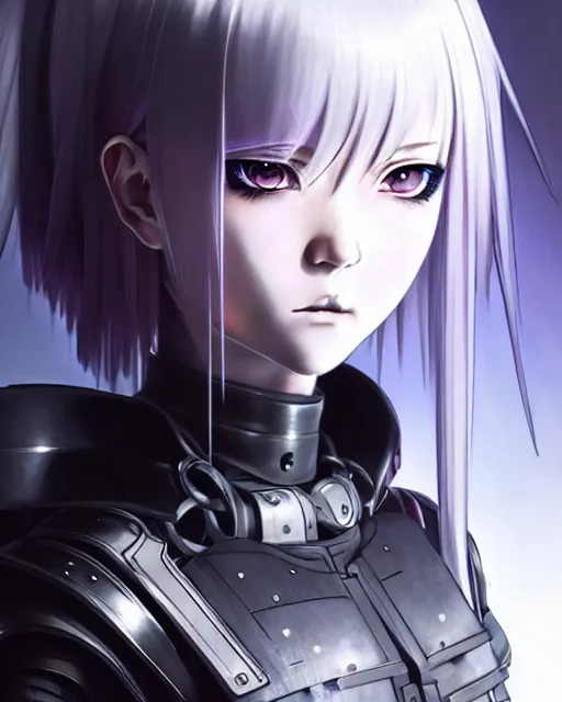 Image similar to portrait Anime goth girl in cyberpunk armor, cute-fine-face, white-hair pretty face, realistic shaded Perfect face, fine details. Anime. realistic shaded lighting by Ilya Kuvshinov katsuhiro otomo ghost-in-the-shell, magali villeneuve, artgerm, rutkowski, WLOP Jeremy Lipkin and Giuseppe Dangelico Pino and Michael Garmash and Rob Rey