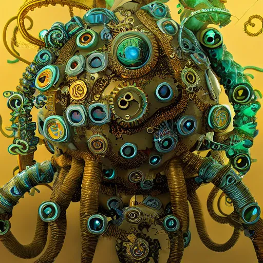 Prompt: gelatinous, mechanical, steampunk, tentacles, fractals, floating, orbs, organic creatures, highly detailed, award winning