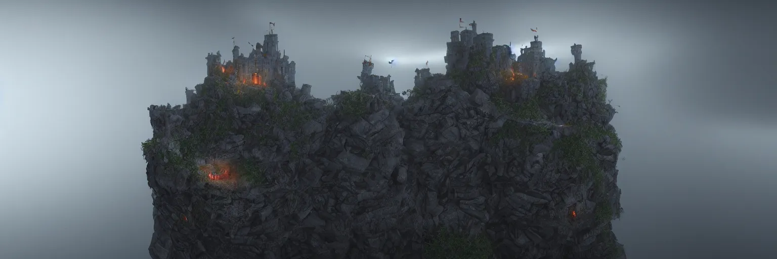 Prompt: cinematic view of a floating castle in the middle of the mountain hanging by cables and chains, in between a gorge, below only cloud dark void, 8 k resolution, octane,