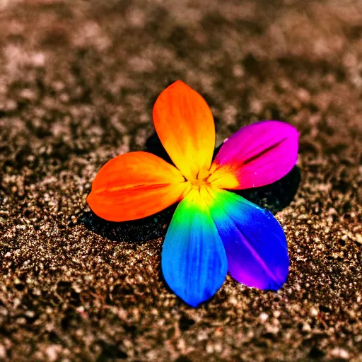 Image similar to closeup photo of rainbow - colored flower with 7 petals, held by hand, shallow depth of field, cinematic, 8 0 mm, f 1. 8