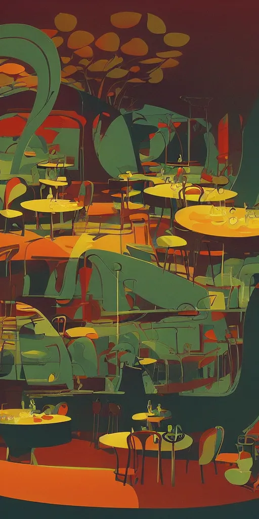 Image similar to cafe interior view, animated film, stylised, illustration, by eyvind earle, scott wills, genndy tartakovski