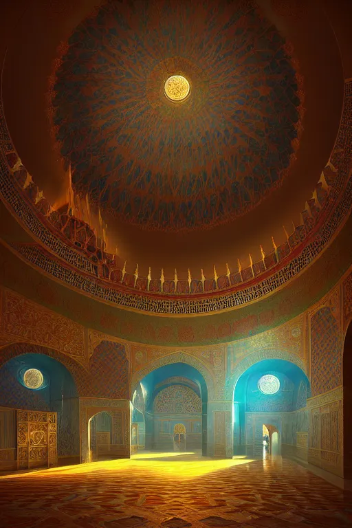 Prompt: detailed paiting of the interior of the Topkapi Palace in Ottoman Empire, cinema4d sparkling volumetric masterpiece by Ross Tran, WLOP, ArtGerm & Anton Fandeev, stunning shaded lighting effects