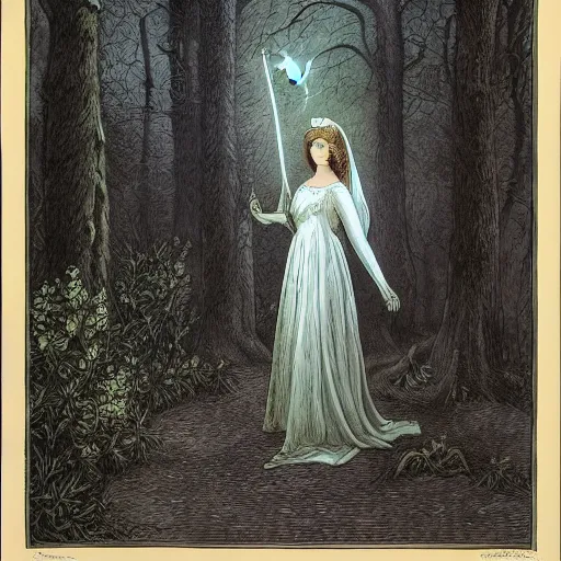 Prompt: beautiful elegant woman tolkien elf in the forest at night rivendale, style of gustave dore, moon and stars