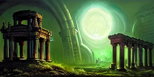 Prompt: beautiful hyperrealistic epic painting of the mysterious intricate clockwork ruins of an ancient temple with advanced alien technology under the moonlight, a green glowing crystal is inside the temple, by hubert robert and lee madwick and bastien lecouffe deharme, dramatic lighting