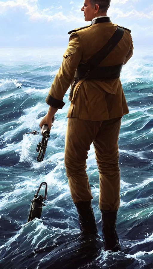 Image similar to proud commodore marine captain, stern look, late xix century commander vest, full body portrait xix immpresionist paint, wild ocean background, highly detailed, digital painting, artstation, concept art, sharp focus, illustration, art by Artgerm, Greg Rutkowski, Craig Mullins, WLOP, Ross tran, James Jean, Andrei Riabovitchev, magic the gathering, - W 640