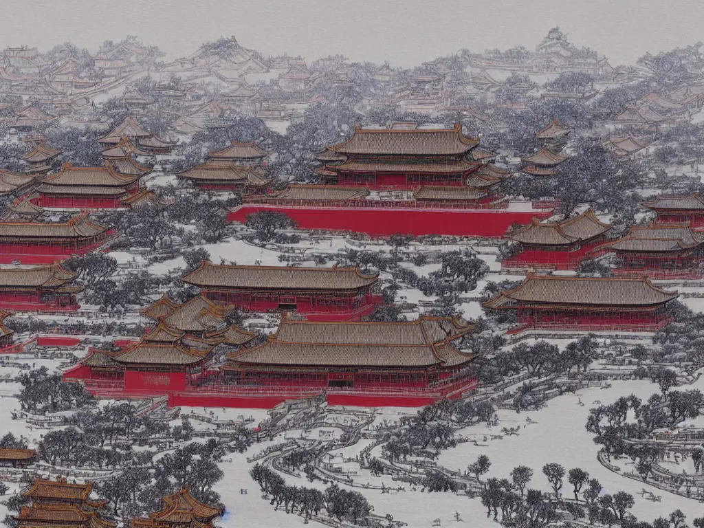 Prompt: forbidden city, highly detailed, cinematic landscape ， on a snowy day, ink painting, by xu beihong