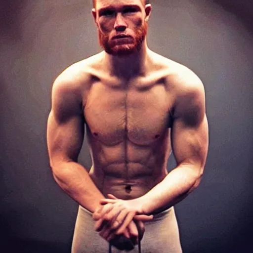 Image similar to “a realistic detailed photo of a guy who is an attractive humanoid who is half robot and half humanoid, who is a male android, boxer Canelo Álvarez, shiny skin, posing like a statue, blank stare”