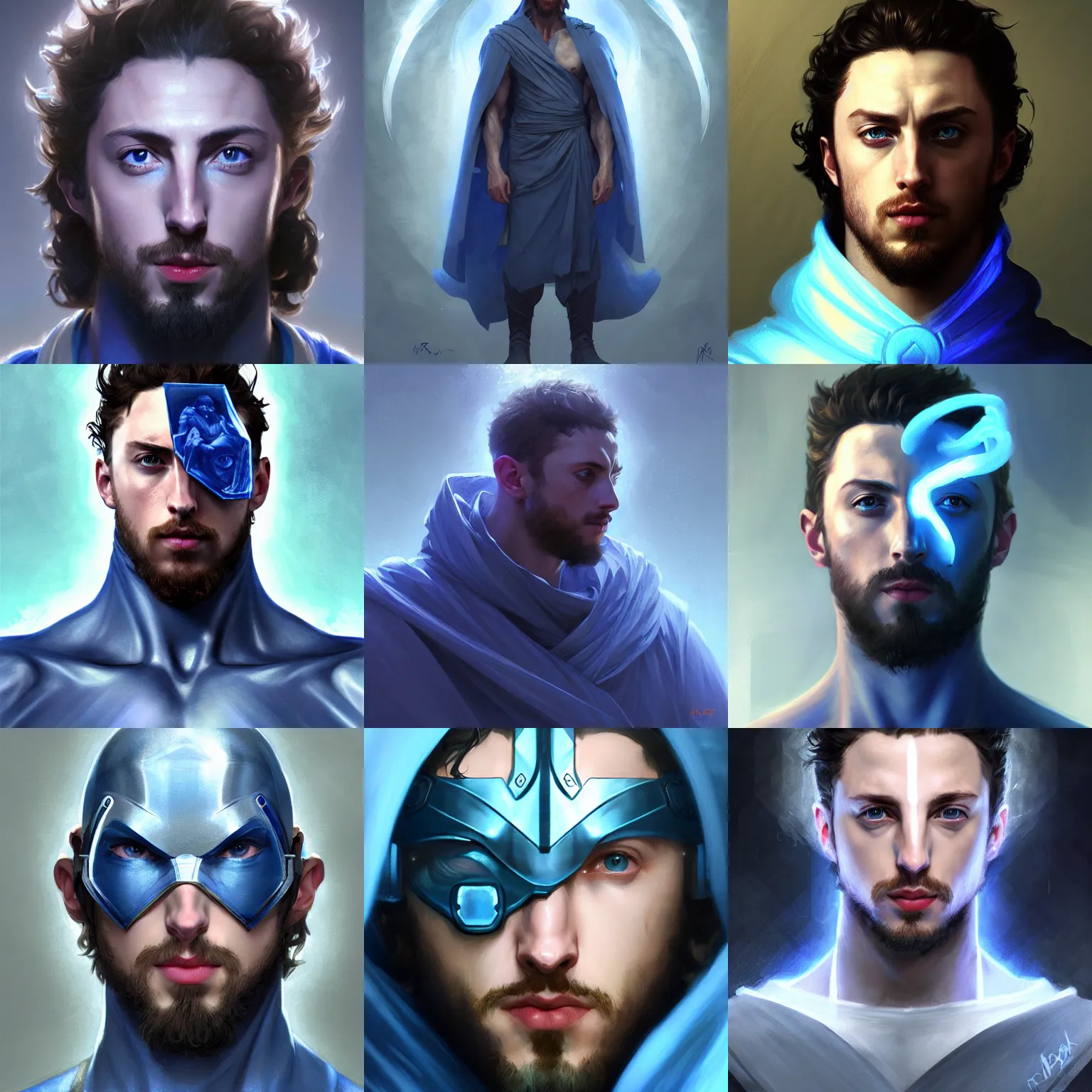 Prompt: character concept portrait, centralized, aaron taylor johnson as a fighter in silver robes, glowing blue eyes, underwater, style digital painting, concept art, smooth, sharp focus, illustration, from metal gear, by ruan jia and mandy jurgens and william - adolphe bouguereau, artgerm