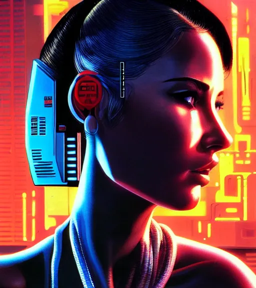 Image similar to cable plugged in, side of head, very very beautiful woman, cyberdeck computer terminal, street level night city, 1 9 7 9 omni magazine cover, style by vincent di fate, artgerm, cyberpunk 2 0 7 7, very coherent, detailed, 4 k resolution, unreal engine, daz