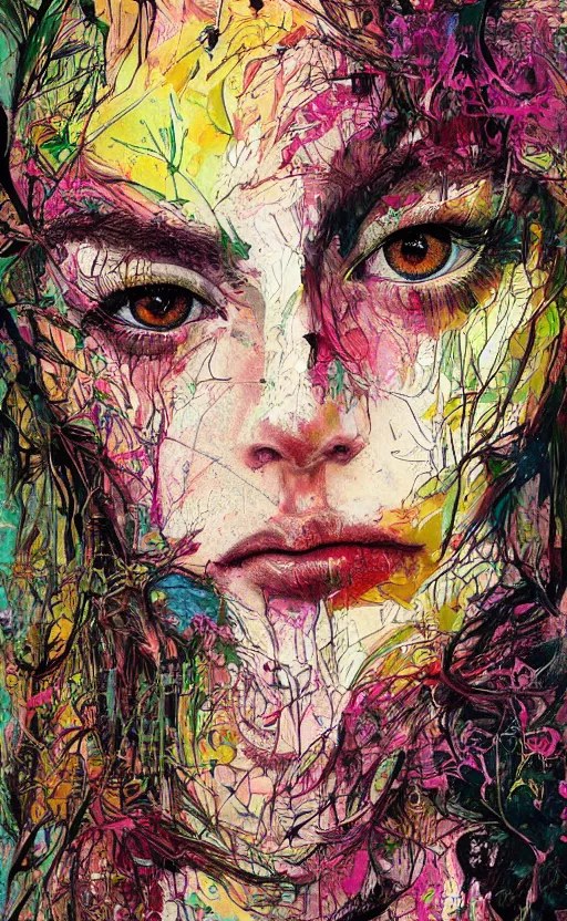 Prompt: illustration, gouache impasto of human face, blossoms, intricate, by carne griffiths