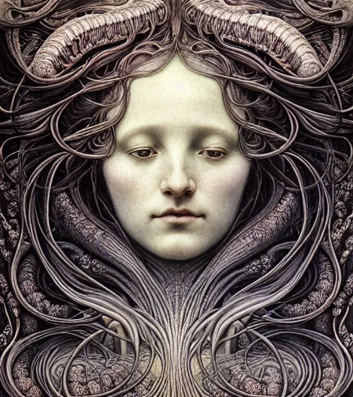 Prompt: detailed realistic beautiful gloaming goddess face portrait by jean delville, gustave dore, iris van herpen and marco mazzoni, art forms of nature by ernst haeckel, art nouveau, symbolist, visionary, gothic, neo - gothic, pre - raphaelite, fractal lace, intricate alien botanicals, ai biodiversity, surreality, hyperdetailed ultrasharp octane render