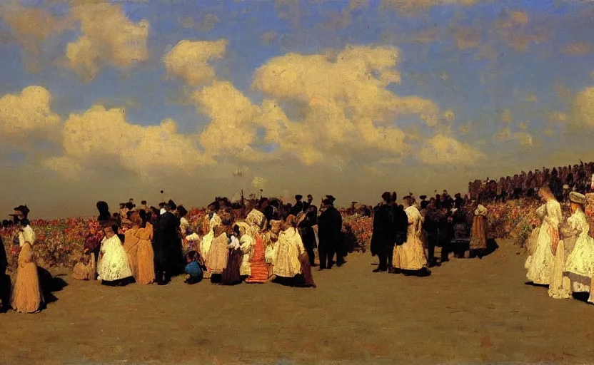 Image similar to high quality high detail painting by ilya repin, a long row of people standing in the clouds, hd