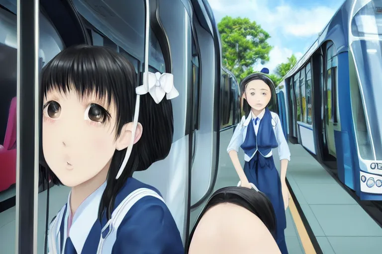 Prompt: japanese style, a 1 5 - year - old girl with long black hair, wearing a black uniform and sky blue short skirt, blue pupils, blue tie, carrying a black backpack, watching the tram slowly approaching at the tram stop, surrealism, movie level realism, virtual engine 5, detail texture, real light and dark composition, mixer rendering