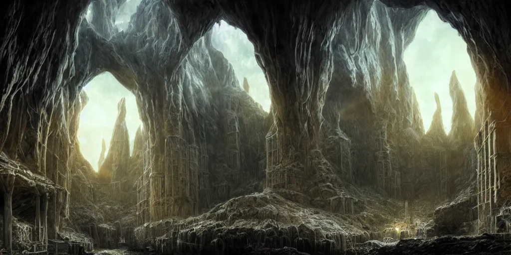 Image similar to Inside Isengard Caverns, evening, detailed matte painting, cinematic, Alan Lee, Artstation