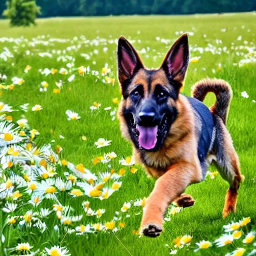 Image similar to German shepherd dog and bunny running in a field with daisies, trees in the distance with sun blue skies a couple of clouds