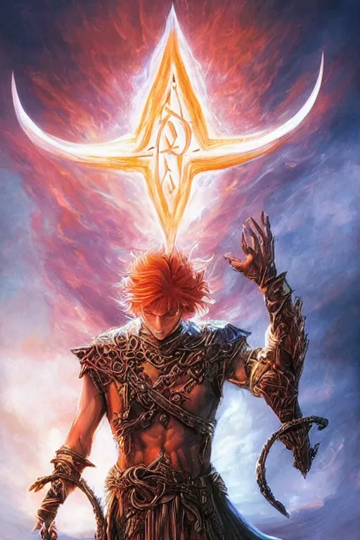 Image similar to young male redhead Spellcaster standing, a spell glowing between his hands, with glowing runes tattoos on him, D&D dark fantasy style, sharp focus, ultra detailed, art by Artgerm and Peter Andrew Jones, Karol Bak, Ayami Kojima, Amano and Olivier Ledroit