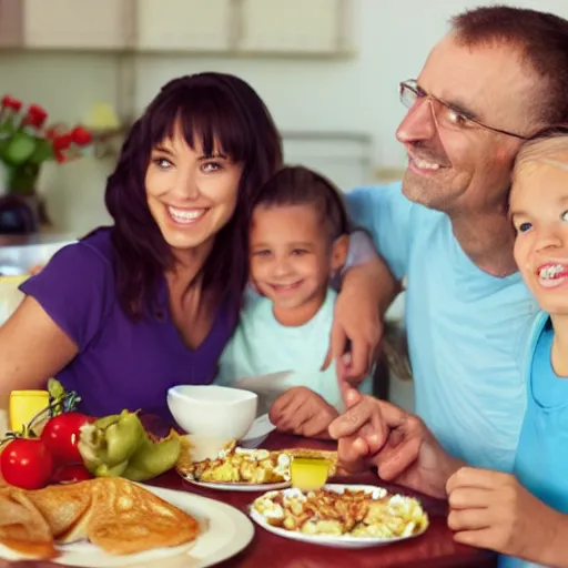 Prompt: stock photo of a perfectly normal happy family eating breakfast