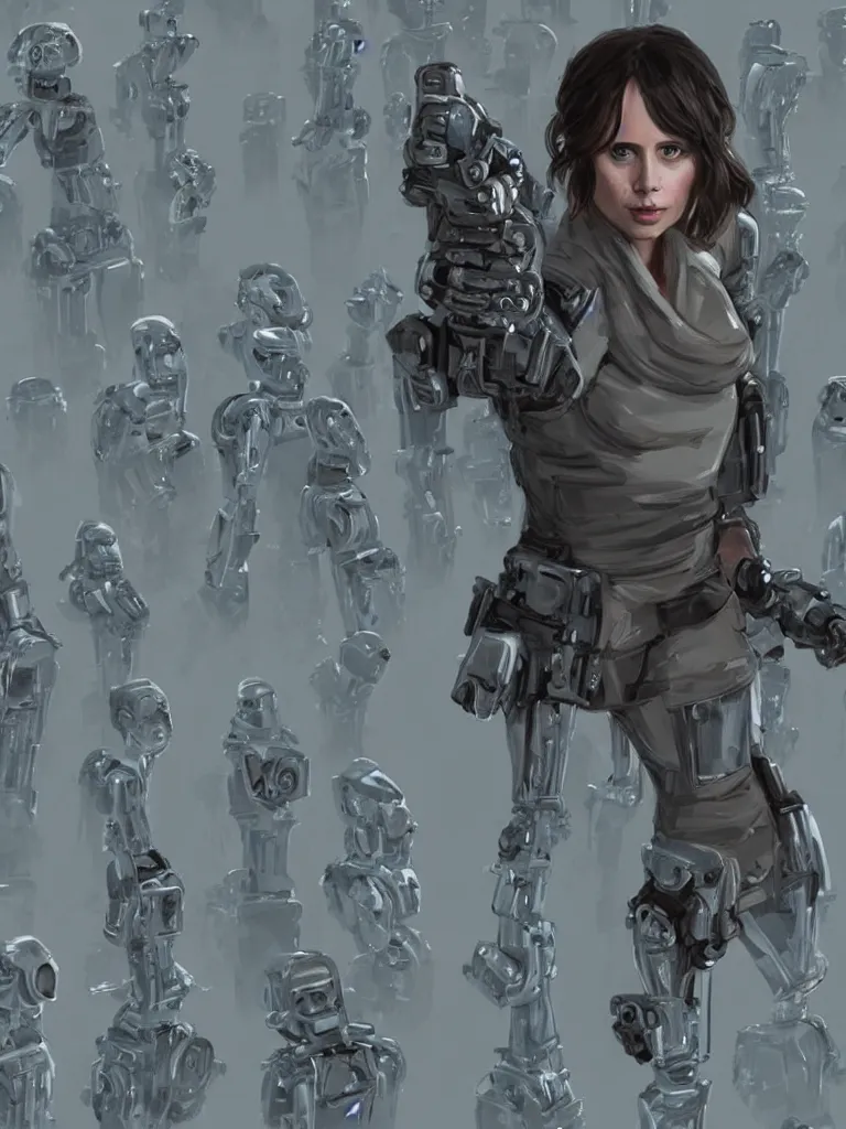 Image similar to expressive full body photo of jyn erso on a throne of robot arms, decolletage, confident pose, coherent, insane detail, concept art, character concept, cinematic lighting, global illumination radiating a glowing aura